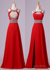 2025 Gorgeous Red Beading Open Back Chiffon Prom Dresses
